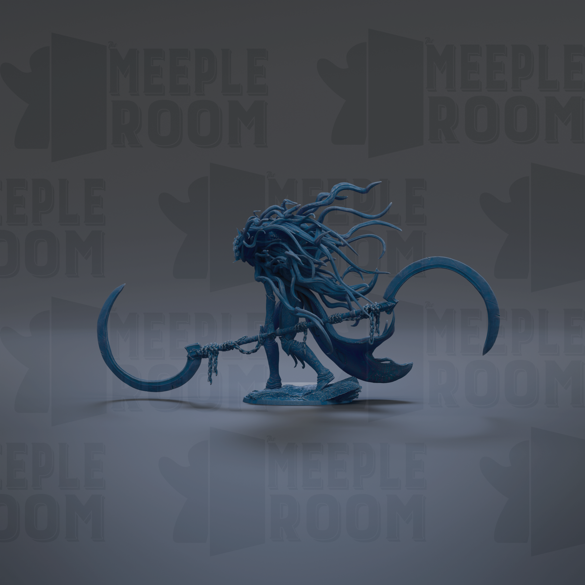 A blue, abstract figure with flowing hair and a large weapon-like object is depicted against a dark background with repeated text.