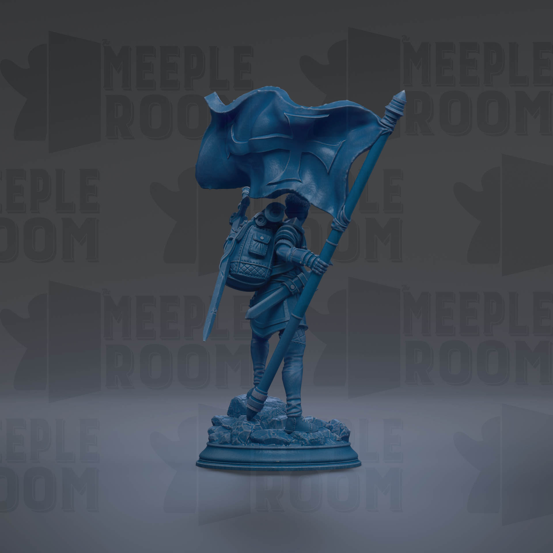 A blue statue of a person holding a flag, standing on a base.