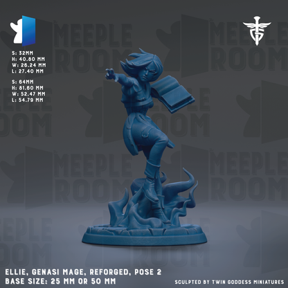 A blue figurine of a character, likely a female, posed in a dynamic action pose. The figurine appears to be a character from a video game, as indicated by the text "MEEPLE ROOM" and "MEEPLE ROOM" repeated in the background. The figurine is described as "Reforged" and "Pose 2", suggesting it is a larger-sized version of the character. The base size of the figurine is either 25mm or 50mm.
