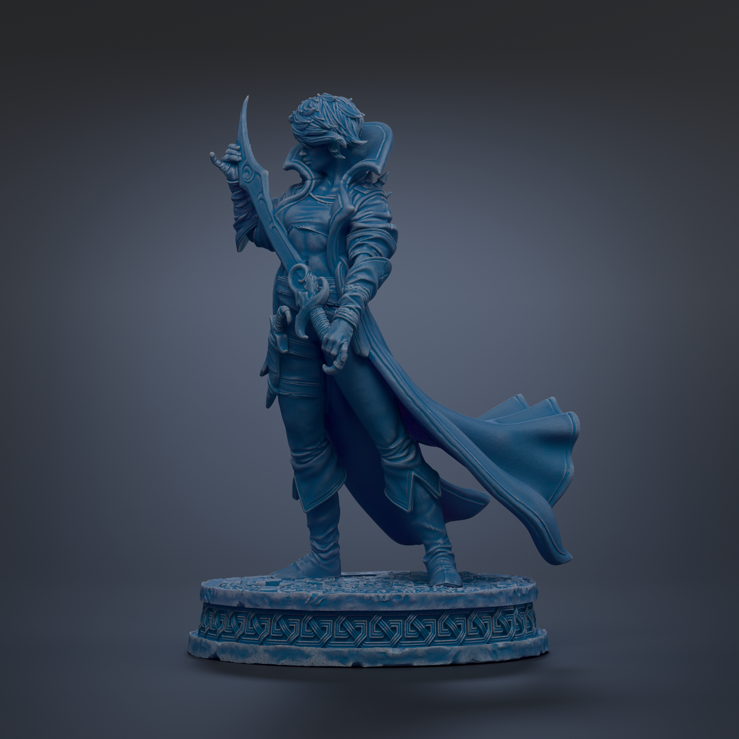 A blue statue of a person holding a sword and standing on a pedestal.