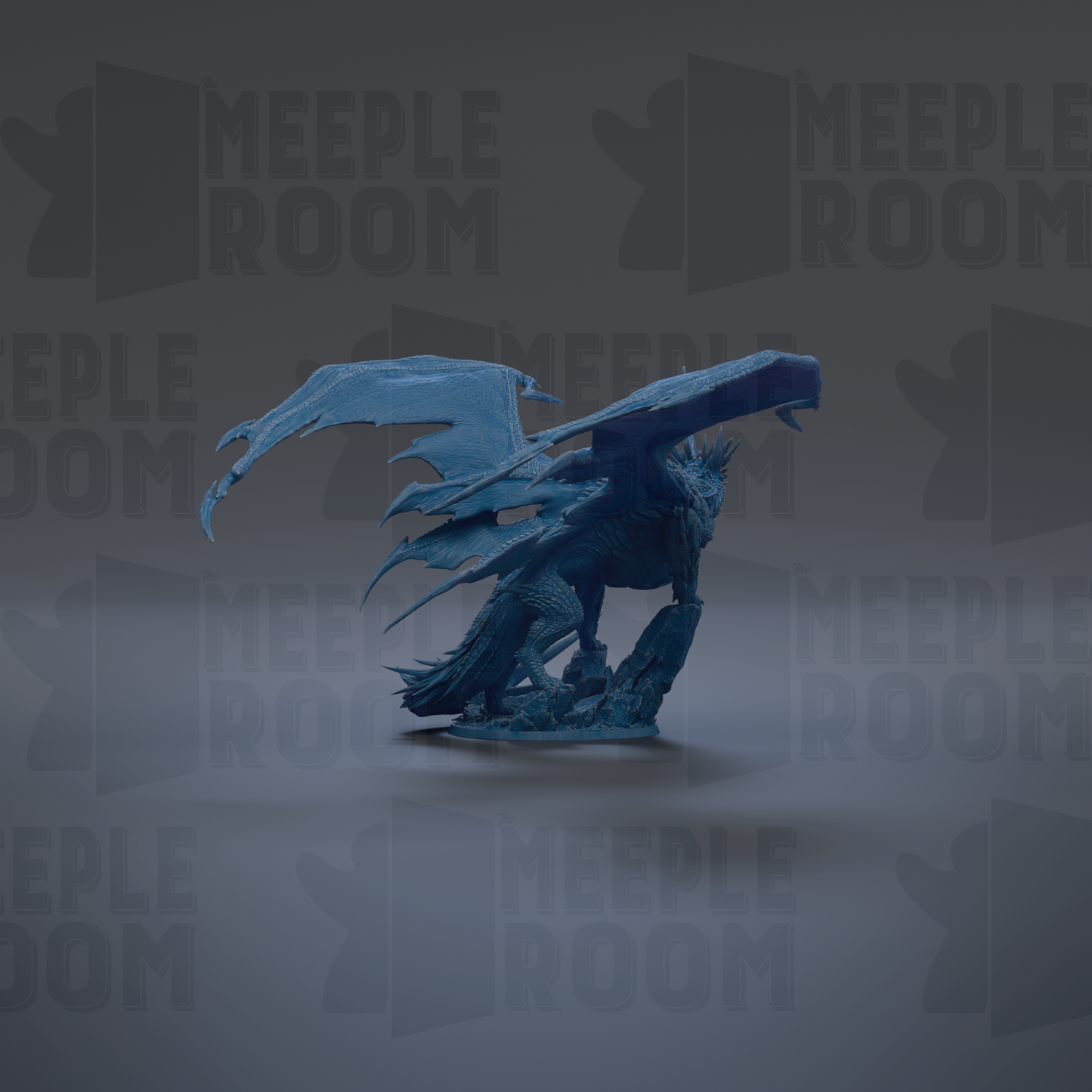 A blue dragon figurine with wings spread, standing on a gray surface against a dark background with repeated text.