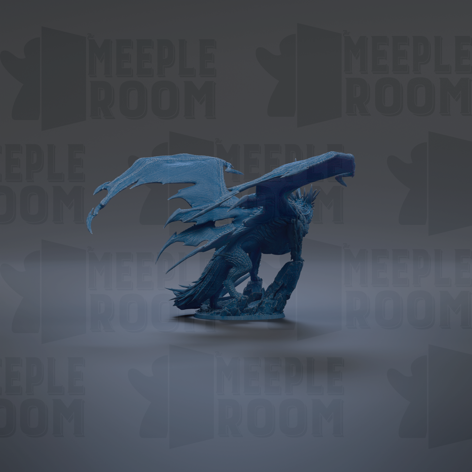 A blue dragon figurine with wings spread, standing on a gray surface against a dark background with repeated text.