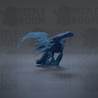A blue dragon figurine with wings spread, standing on a gray surface against a dark background with repeated text.