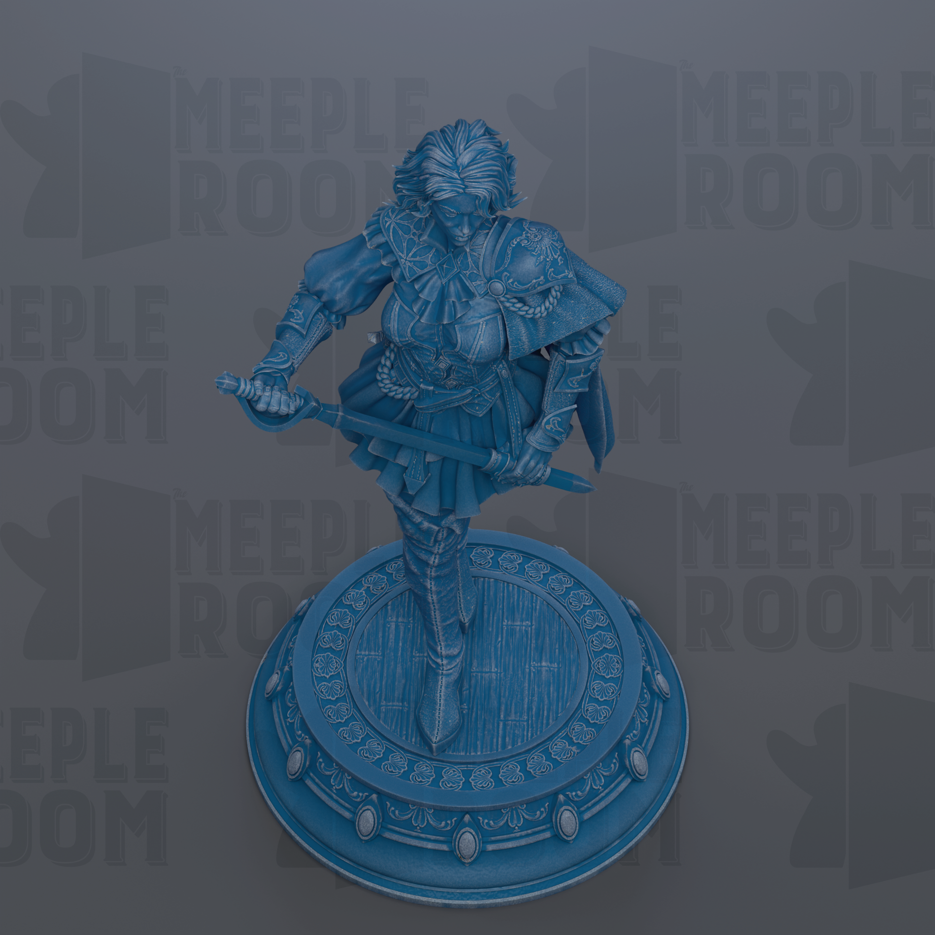 A blue statue of a woman holding a sword, standing on a circular base with decorative elements.