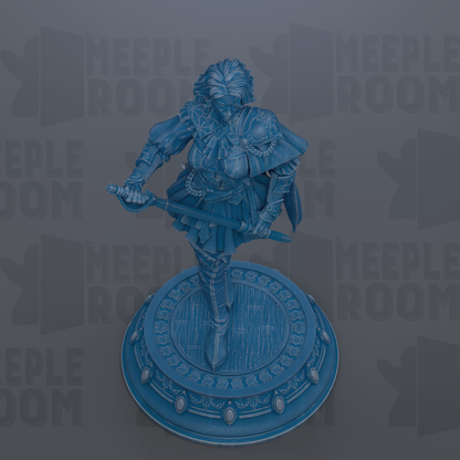 A blue statue of a woman holding a sword, standing on a circular base with decorative elements.