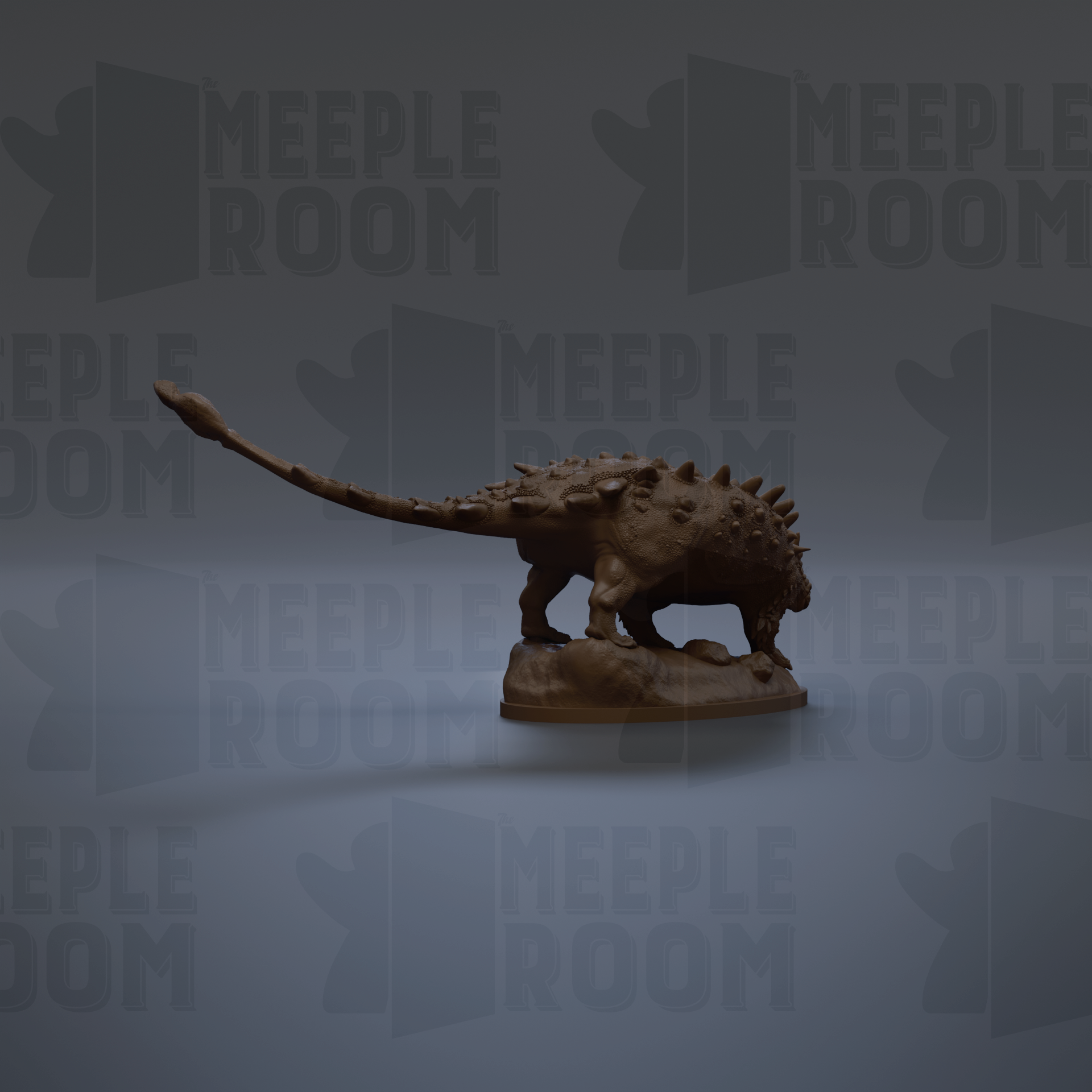 A 3D model of a dinosaur-like creature with a long tail and spiked features, displayed against a dark background with repeated text.