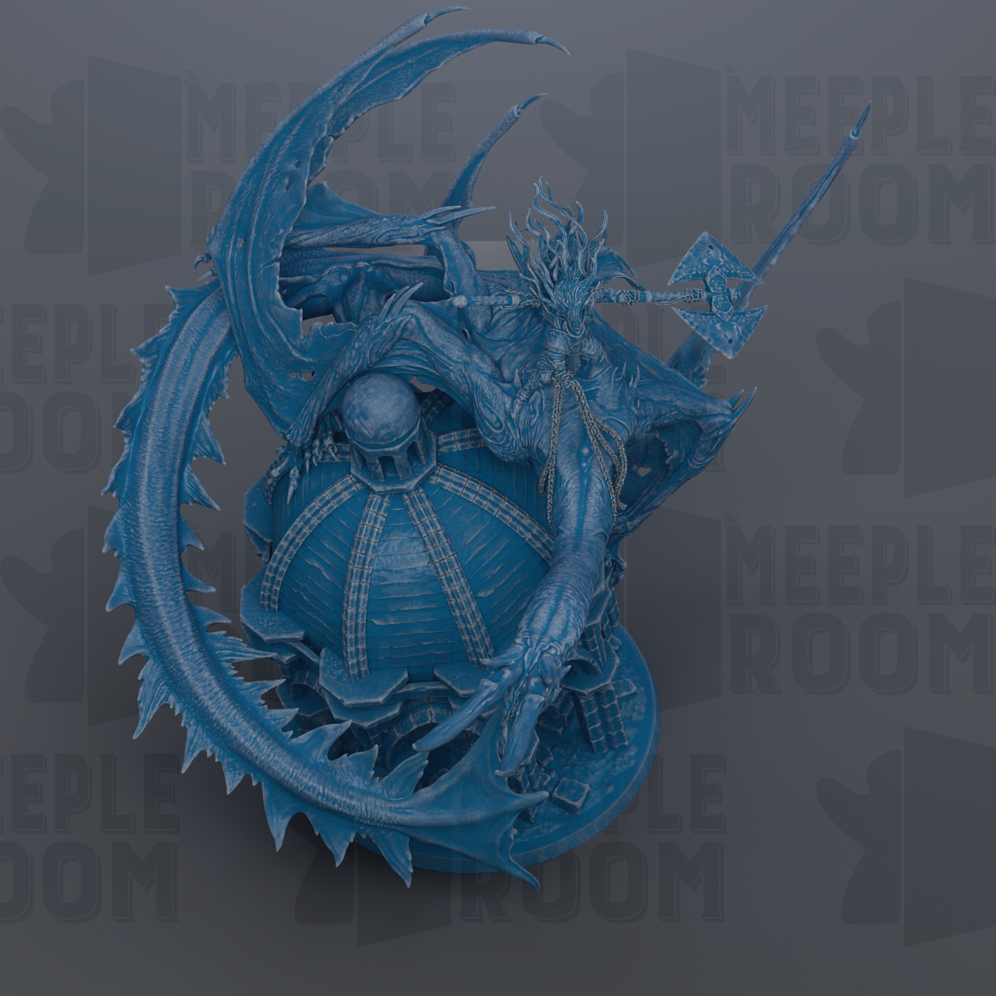 A detailed 3D rendering of a fantastical creature, possibly a dragon or serpent, with intricate scales and a large head. The creature appears to be in motion, with its wings spread wide and its tail curled around its body. The background is a dark gray color, which contrasts with the vibrant blue of the creature. The image does not contain any text or other discernible objects or actions.
