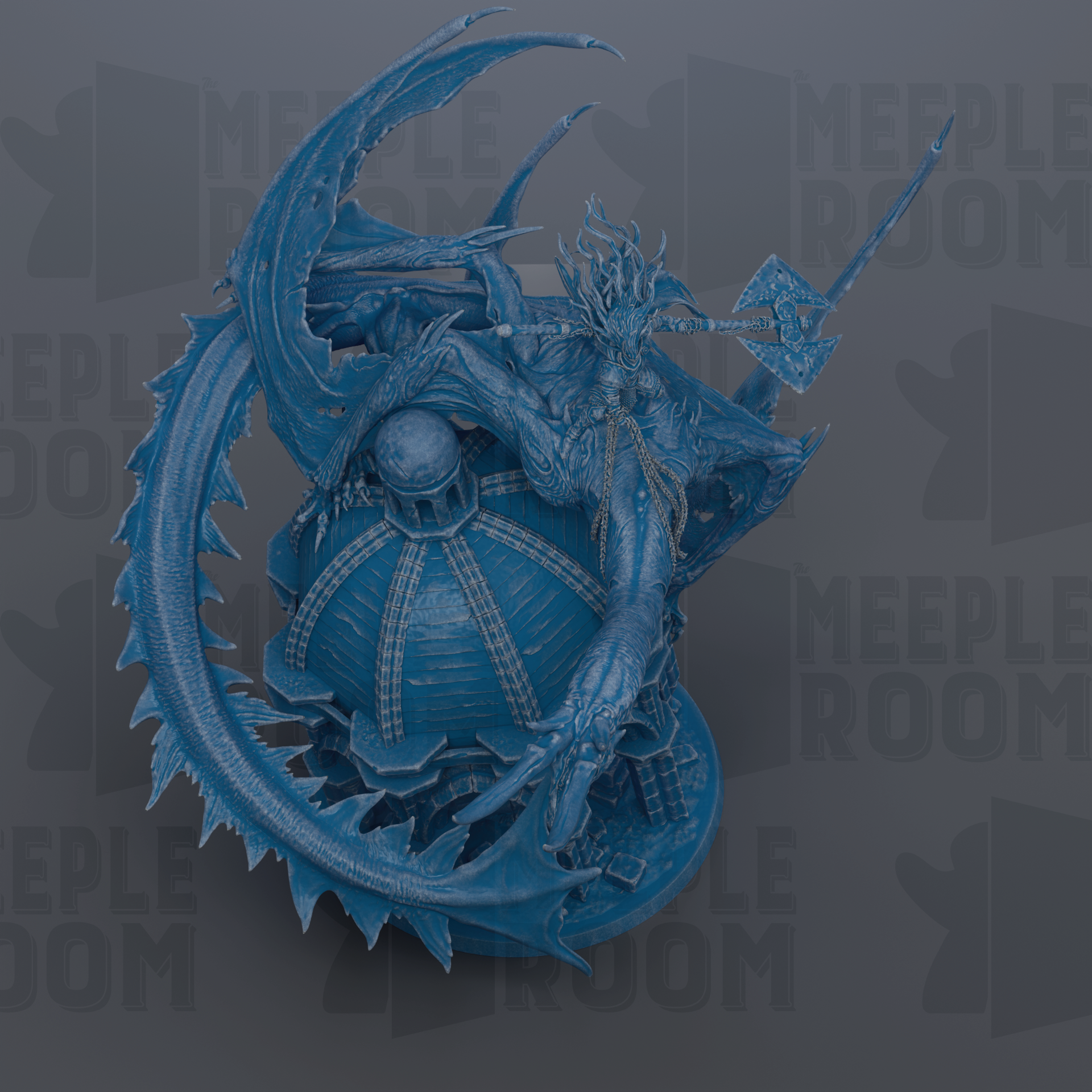 A detailed 3D rendering of a fantastical creature, possibly a dragon or serpent, with intricate scales and a large head. The creature appears to be in motion, with its wings spread wide and its tail curled around its body. The background is a dark gray color, which contrasts with the vibrant blue of the creature. The image does not contain any text or other discernible objects or actions.