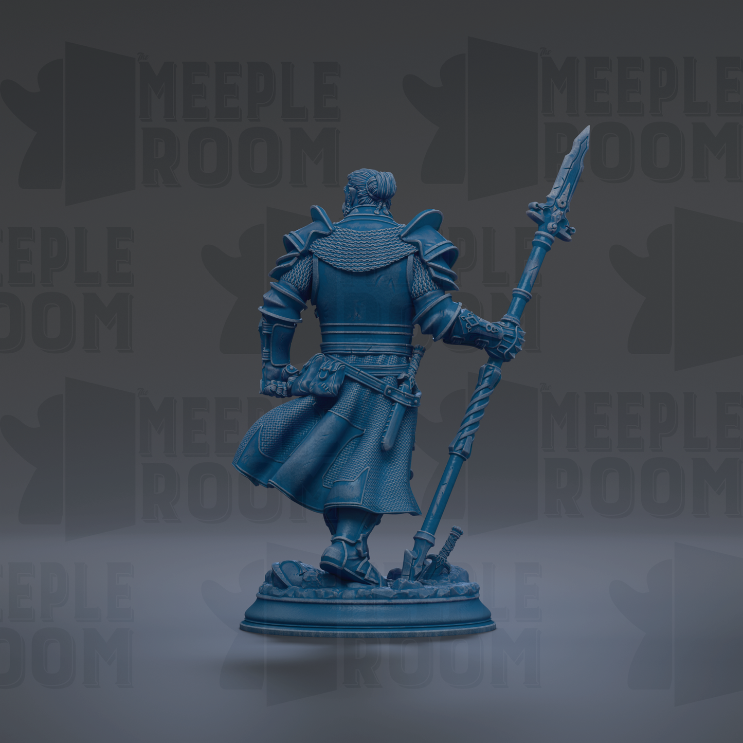 A blue figurine of a knight holding a spear and sword, standing on a pedestal against a dark background with repeated text.
