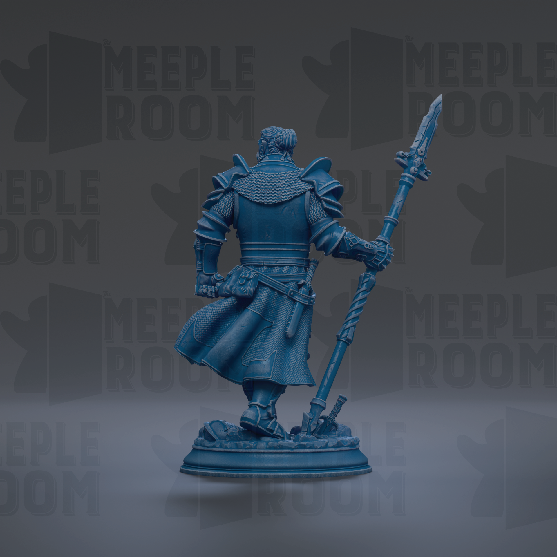 A blue figurine of a knight holding a spear and sword, standing on a pedestal against a dark background with repeated text.