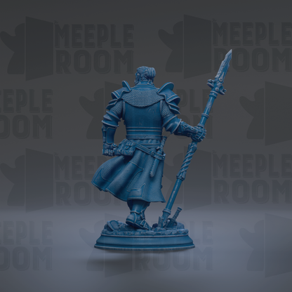 A blue figurine of a knight holding a spear and sword, standing on a pedestal against a dark background with repeated text.