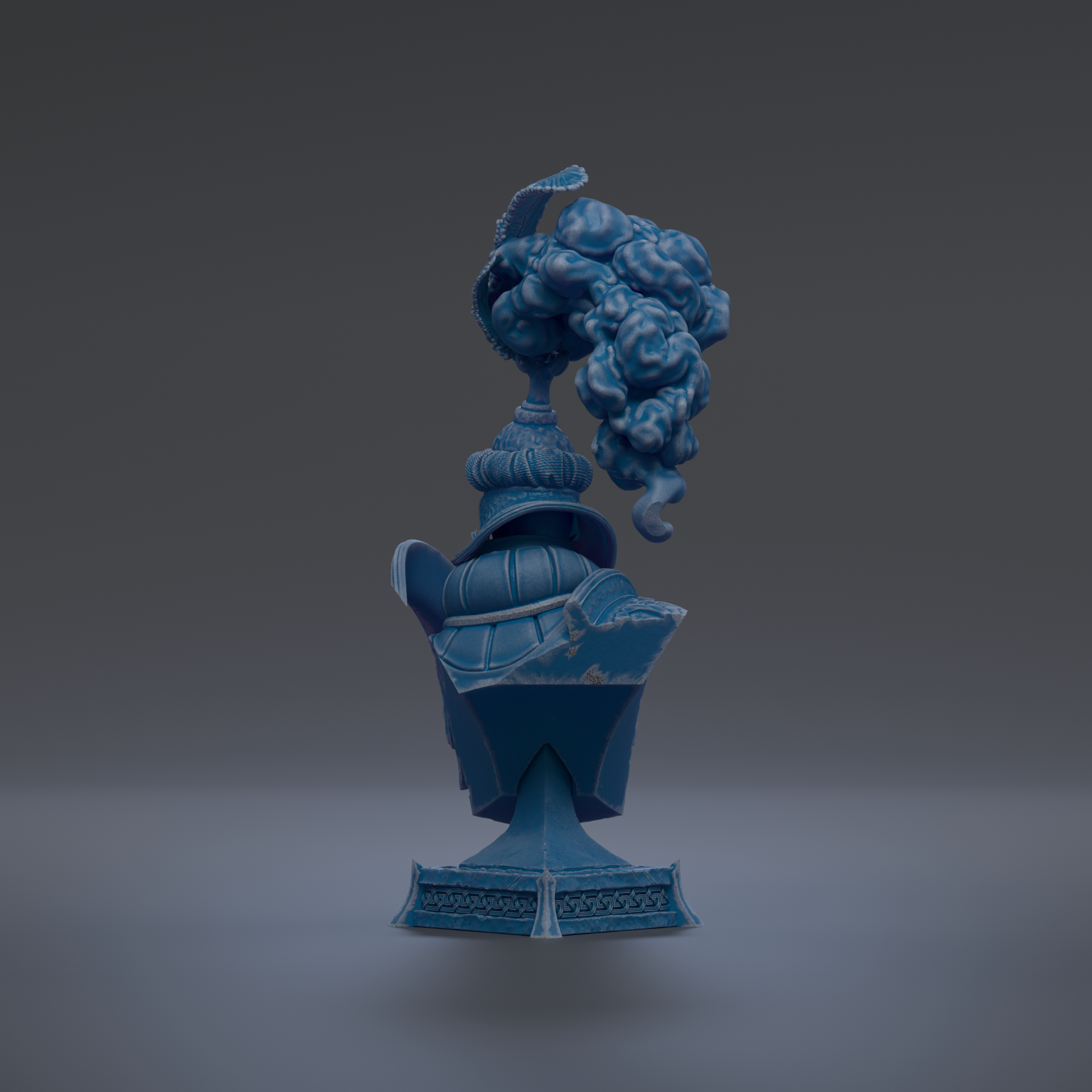 A blue, ornate vase with a large, intricate design and a flowing, cloud-like shape on top.
