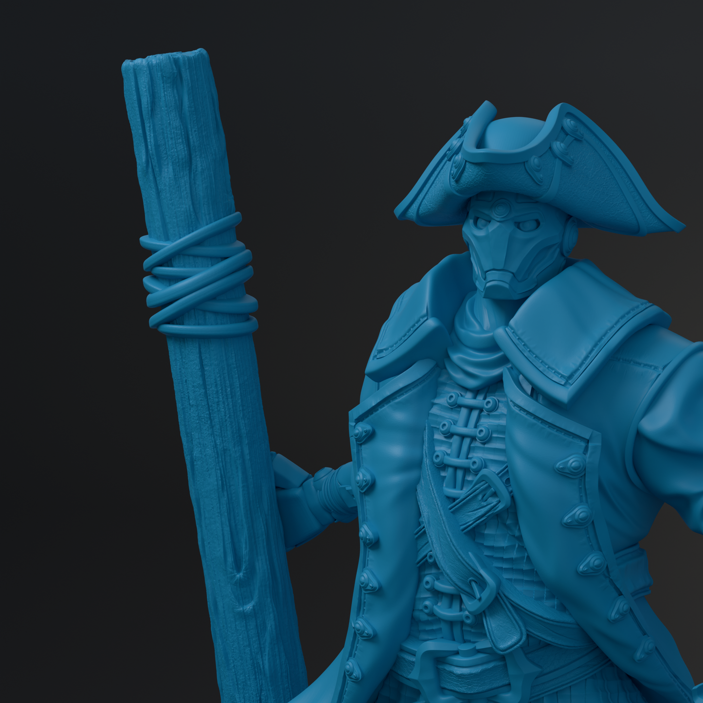 A 3D rendering of a pirate-like character, wearing a hat and holding a wooden pole.