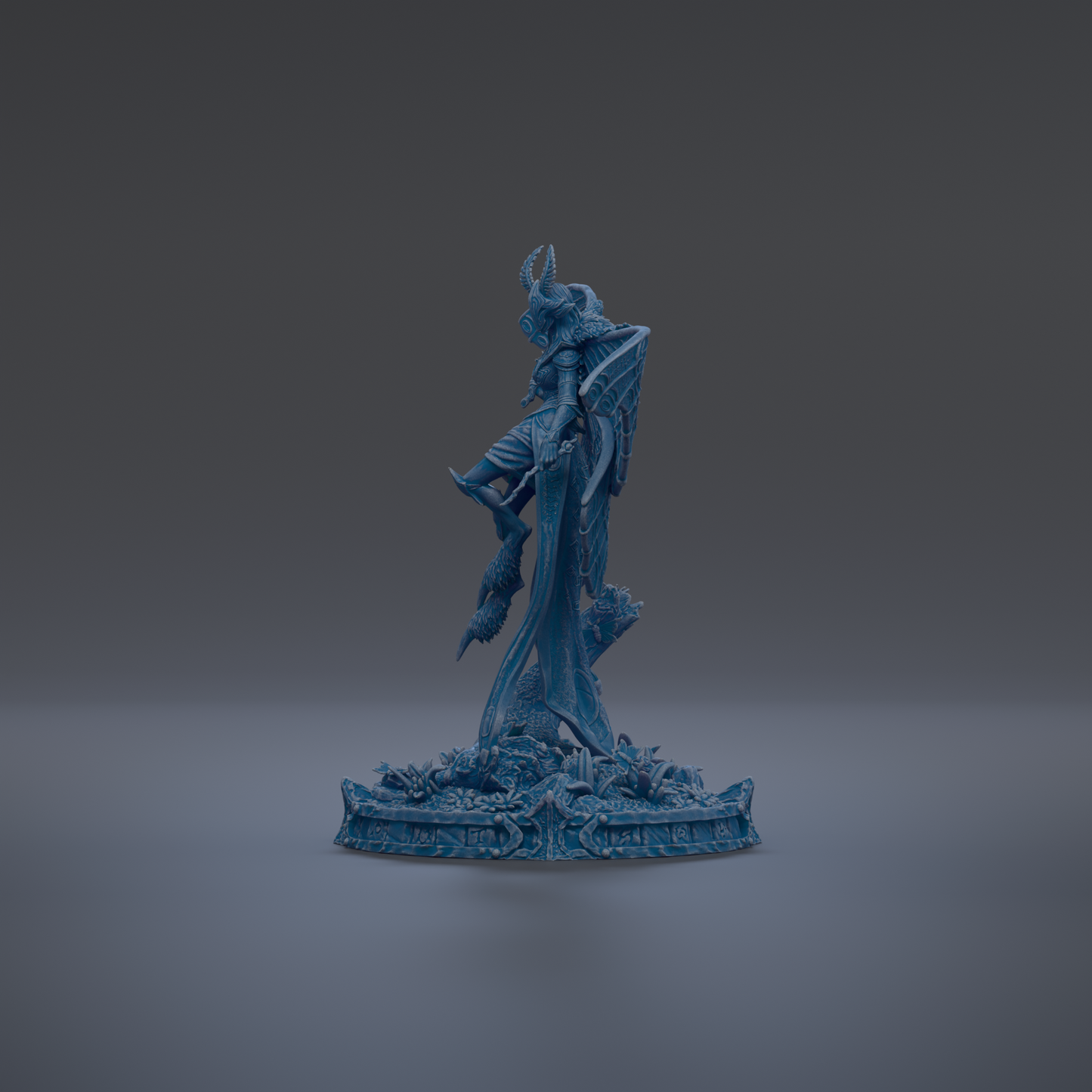 A blue statue of a winged figure standing on a pedestal with a decorative base.