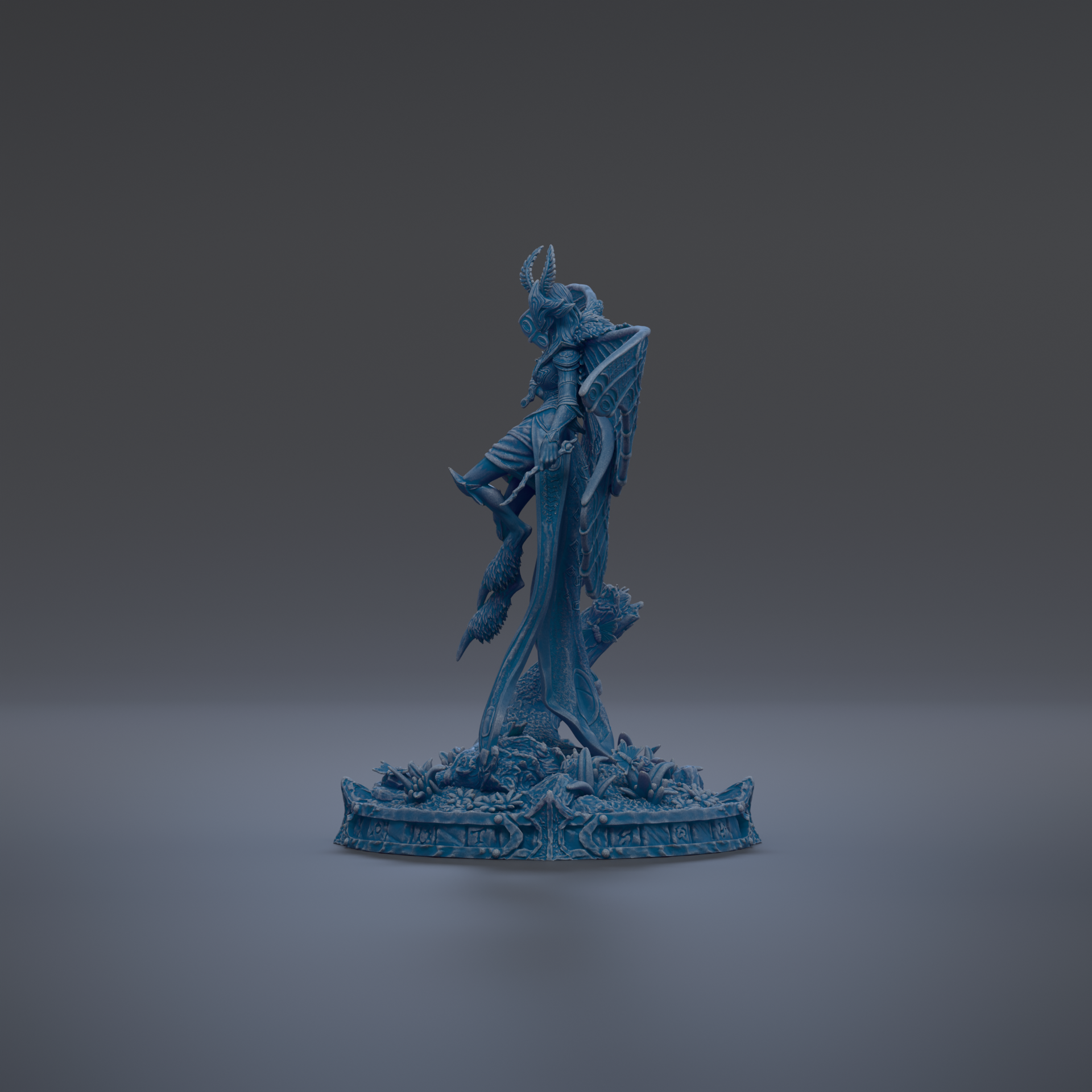 A blue statue of a winged figure standing on a pedestal with a decorative base.