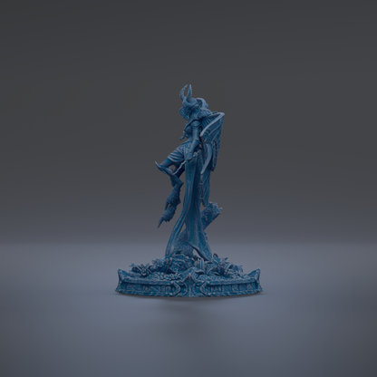 A blue statue of a winged figure standing on a pedestal with a decorative base.