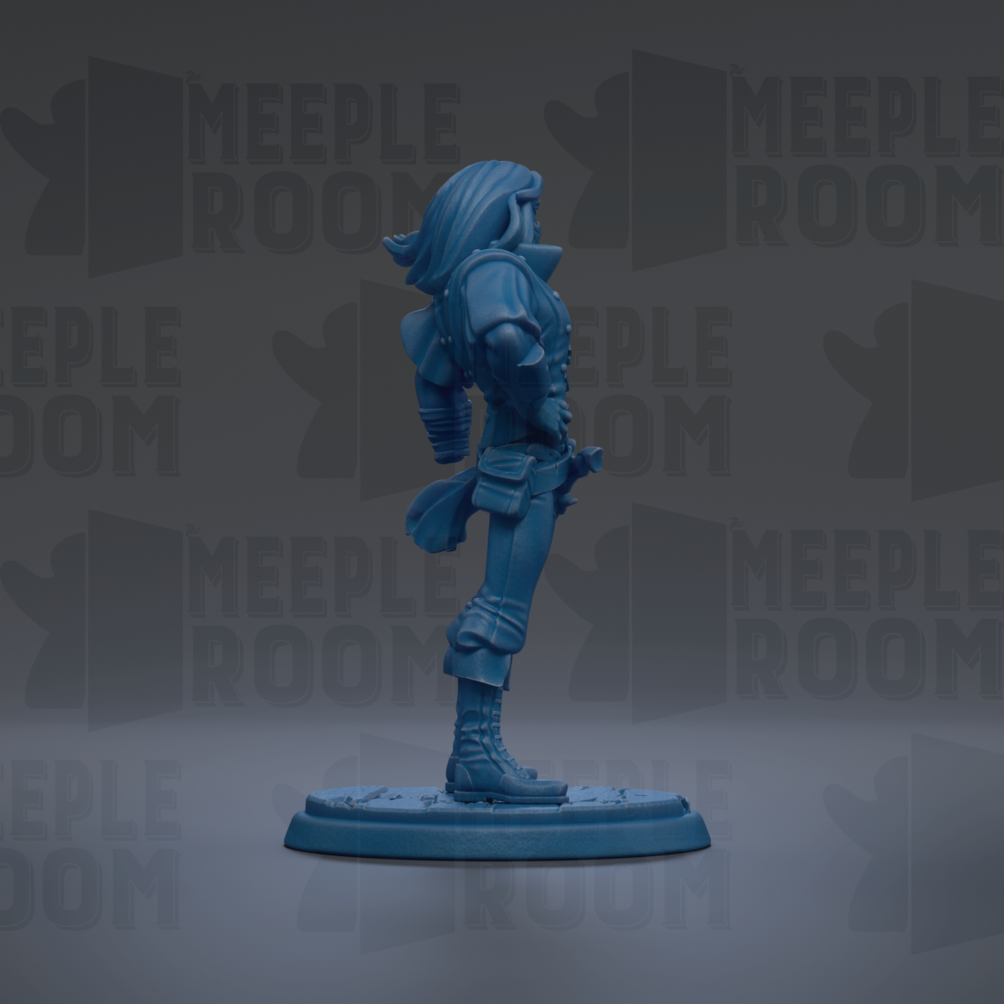 A blue figurine of a person standing on a platform against a dark background with repeated text.