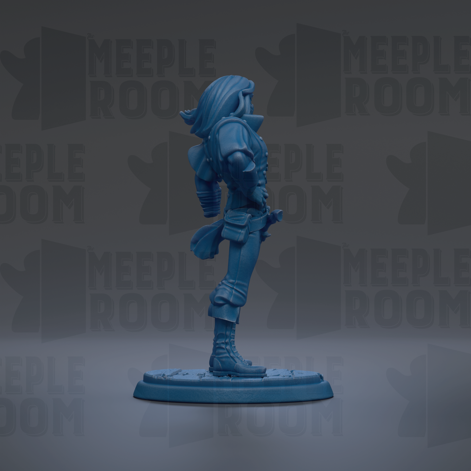 A blue figurine of a person standing on a platform against a dark background with repeated text.