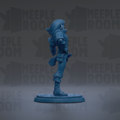 A blue figurine of a person standing on a platform against a dark background with repeated text.