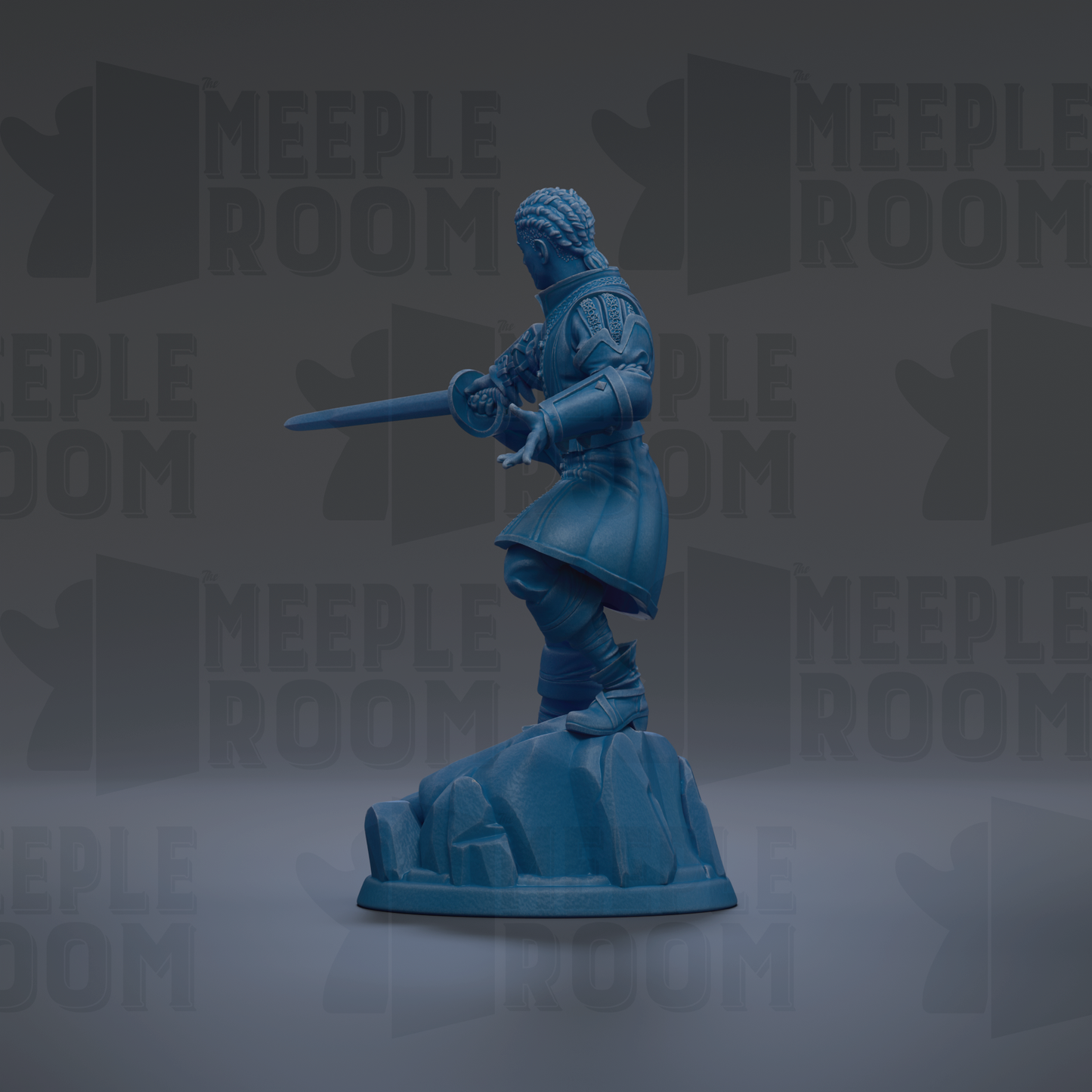 A blue figurine of a knight holding a sword stands on a rock against a dark background with repeated "MEIPLE ROOM" text.