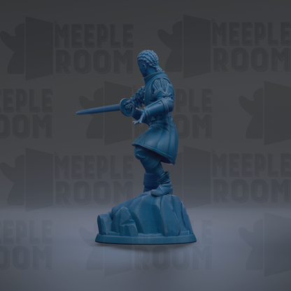 A blue figurine of a knight holding a sword stands on a rock against a dark background with repeated "MEIPLE ROOM" text.
