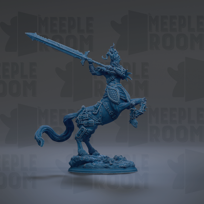 A blue, armored figure of a knight wielding a sword stands on a rocky base against a dark background with repeated "MEIPLLE ROOM" text.