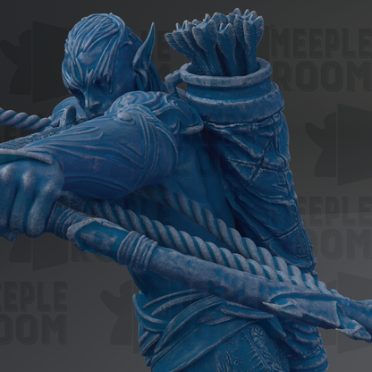 A detailed 3D rendering of a blue-colored warrior figure with a bow and arrow, holding a shield, and wearing a helmet with a visor.
