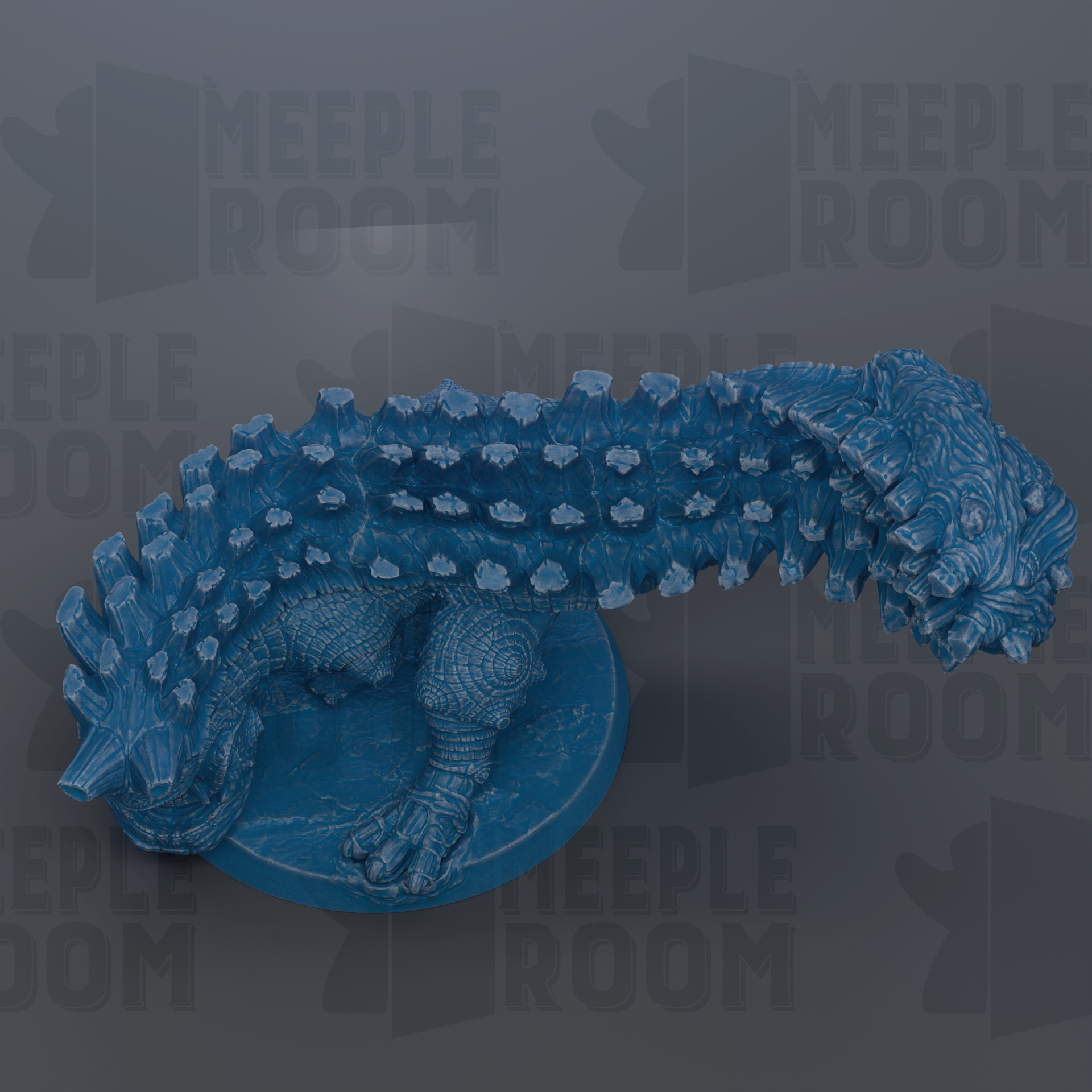 A blue, spiky toy resembling a dinosaur or prehistoric creature is shown against a dark background with repeated text.