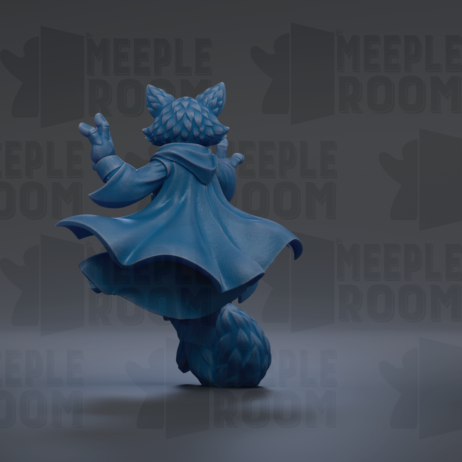 A blue figurine of a cat-like creature with a flowing robe and pointed hat, standing on a platform against a dark background with repeated text.