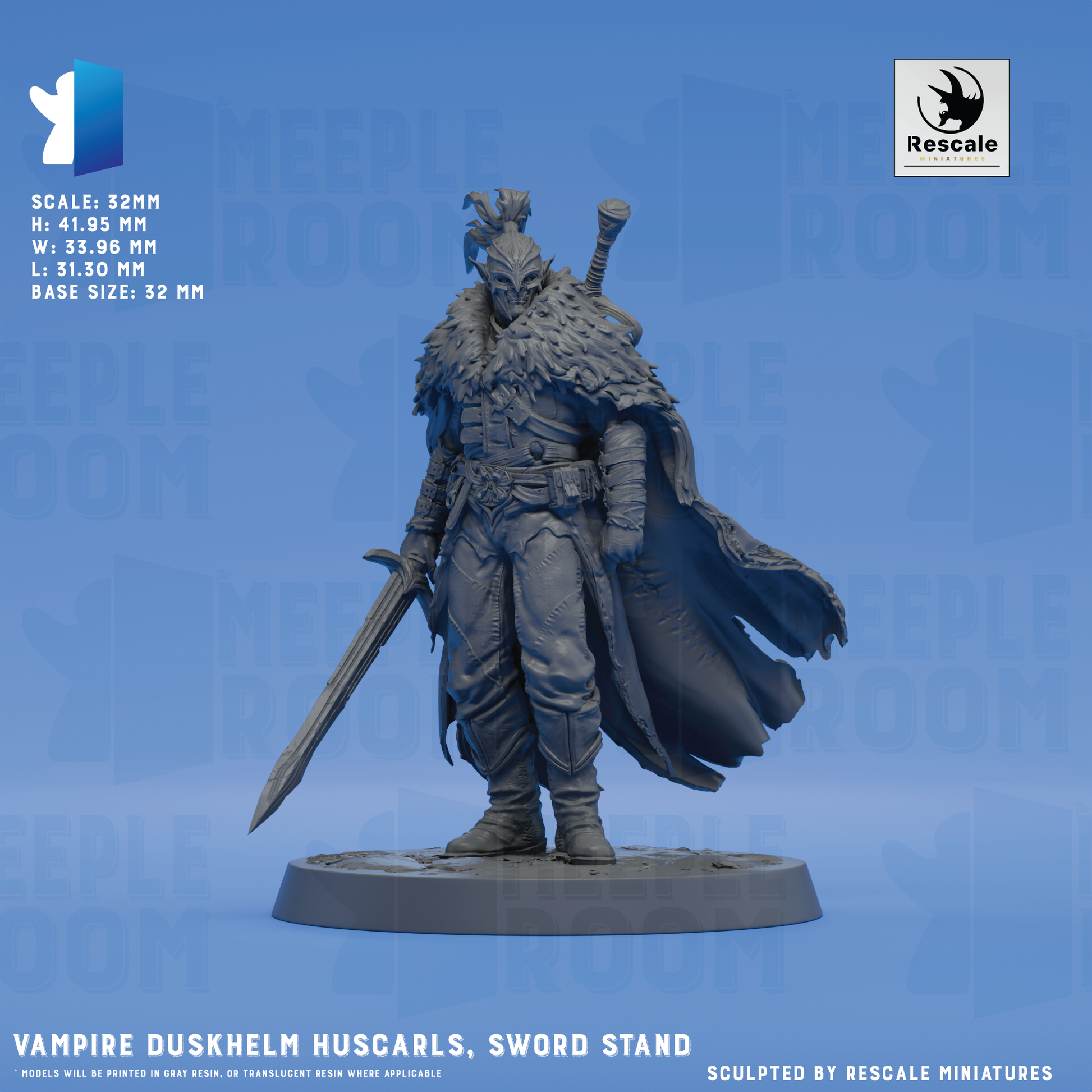 a detailed sculpture of a knight standing on a sword stand, holding a sword in his right hand. The knight is wearing a fur-trimmed cape and a helmet with a visor. The sculpture is made of a dark material, possibly metal or stone, and is mounted on a base. The image is a collage of multiple images, and the text indicates that the sculpture is a scale model of a knight from the video game "Vampire Duskheim Huscarls, Sword Stand".