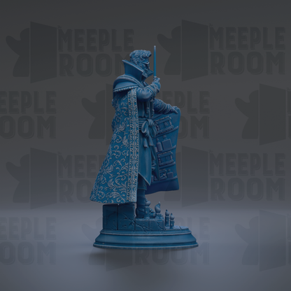 A blue statue of a person holding a sword and shield, standing on a pedestal.
