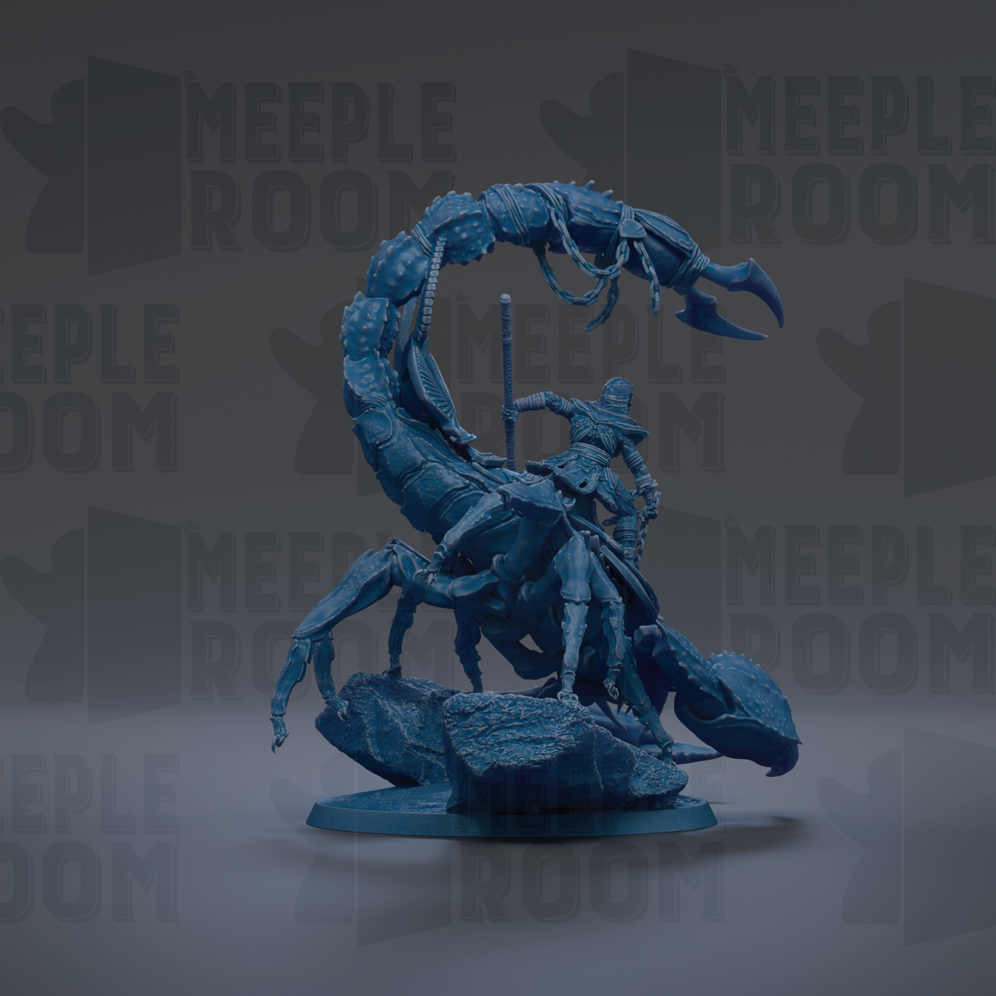 A blue, 3D-rendered figurine depicting a person riding a large, menacing-looking creature, possibly a scorpion or a similar type of arthropod.