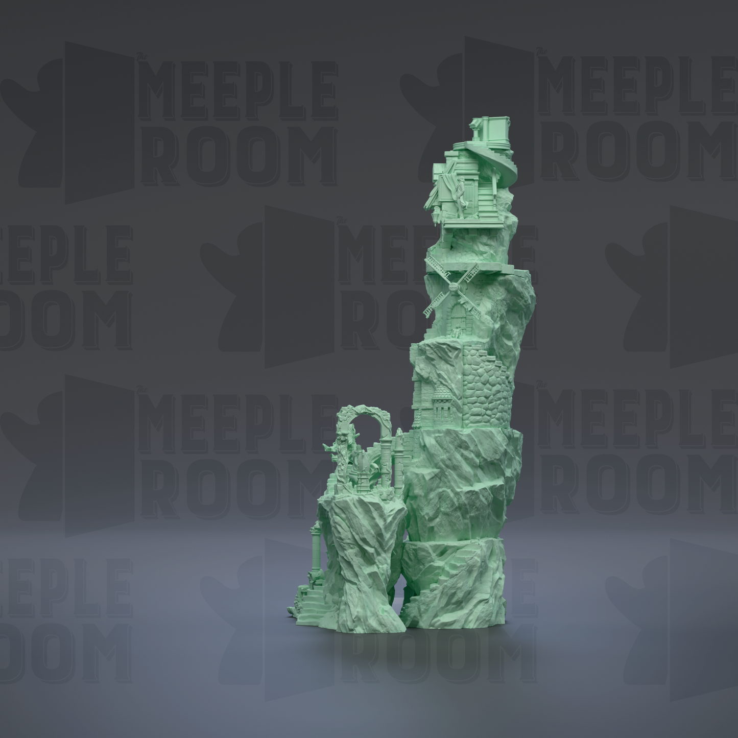 A tall, green, stone-like structure resembling a castle or tower stands prominently in the center of the image, surrounded by a dark background with repeated text.