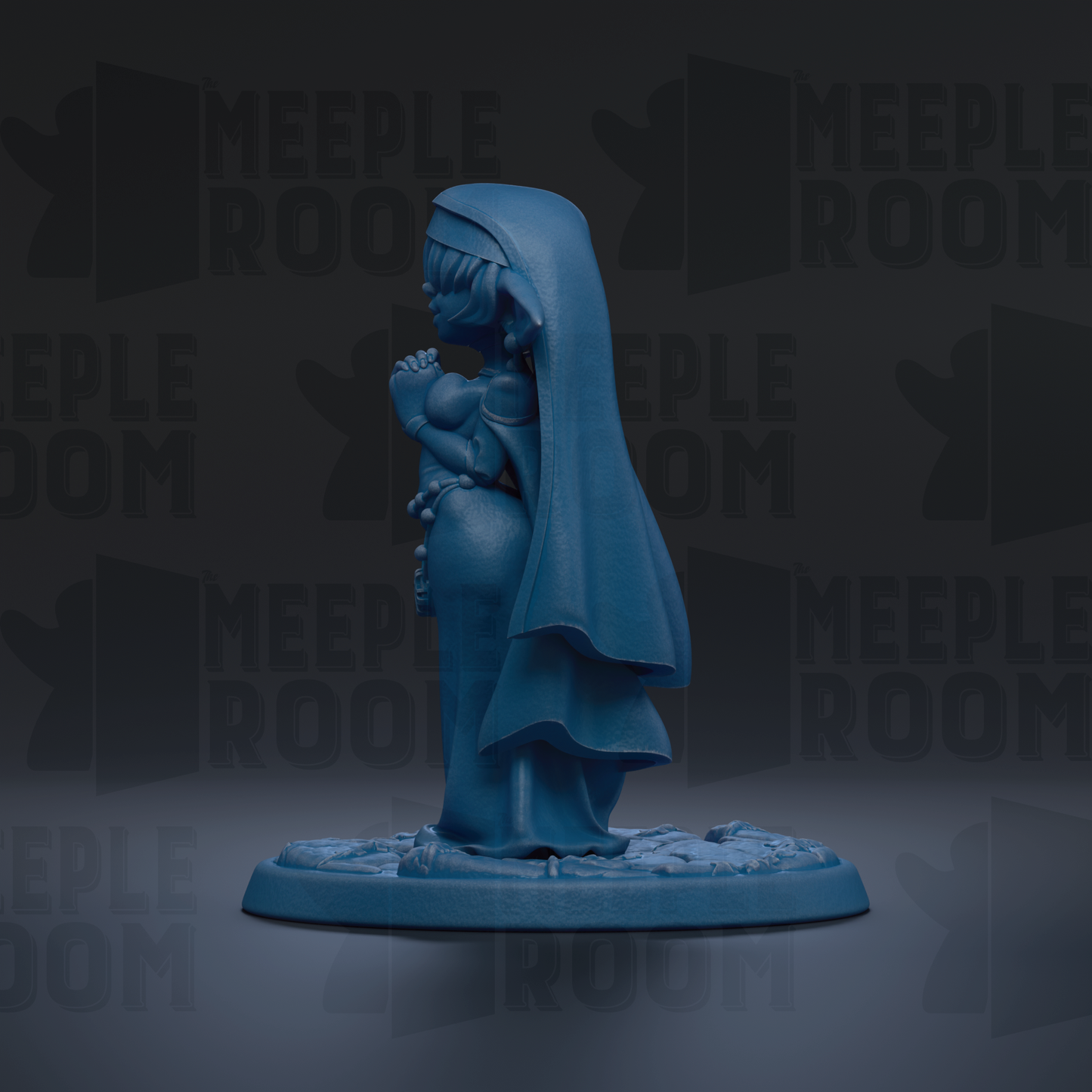 A blue statue of a woman with a long, flowing robe and a hood, standing on a pedestal.