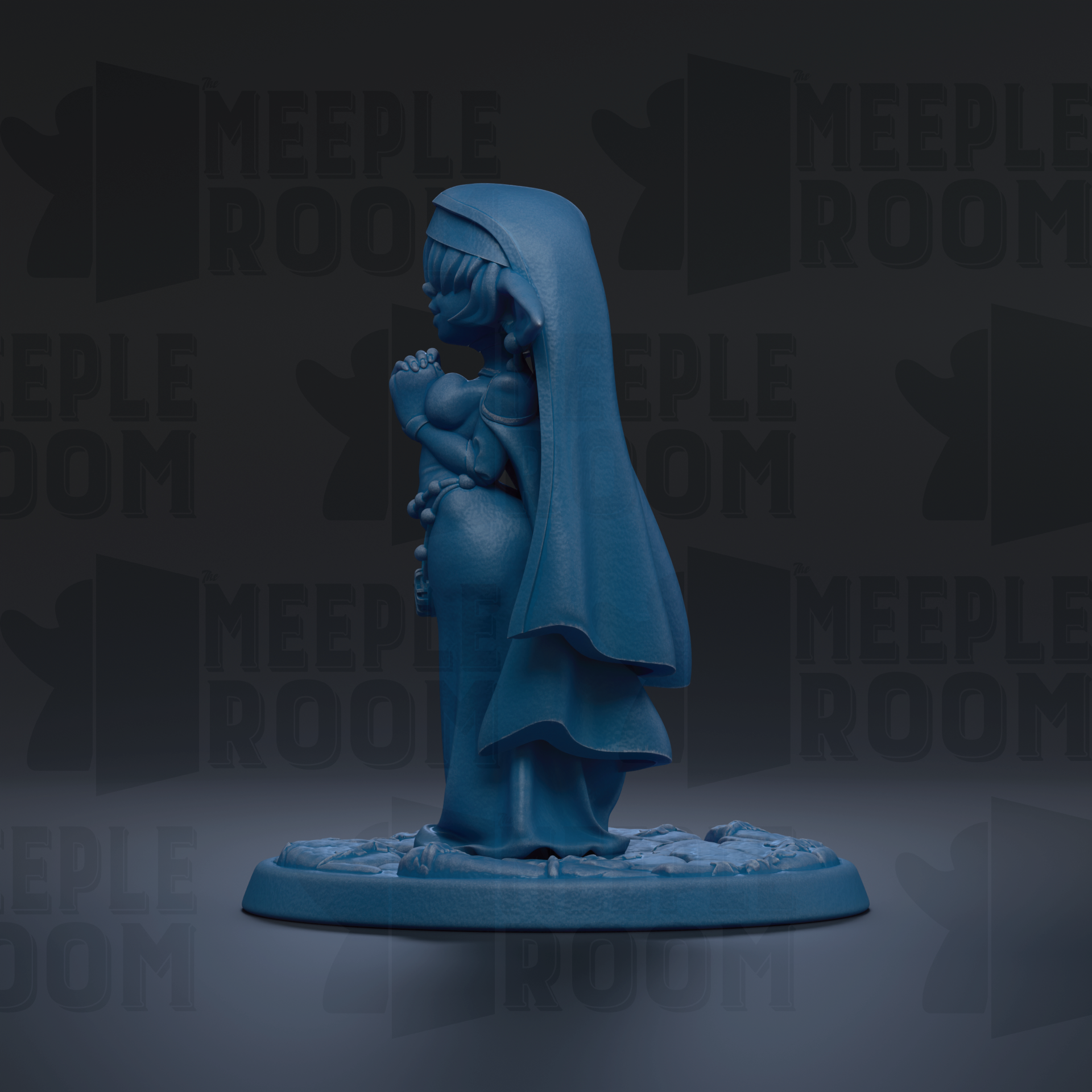 A blue statue of a woman with a long, flowing robe and a hood, standing on a pedestal.