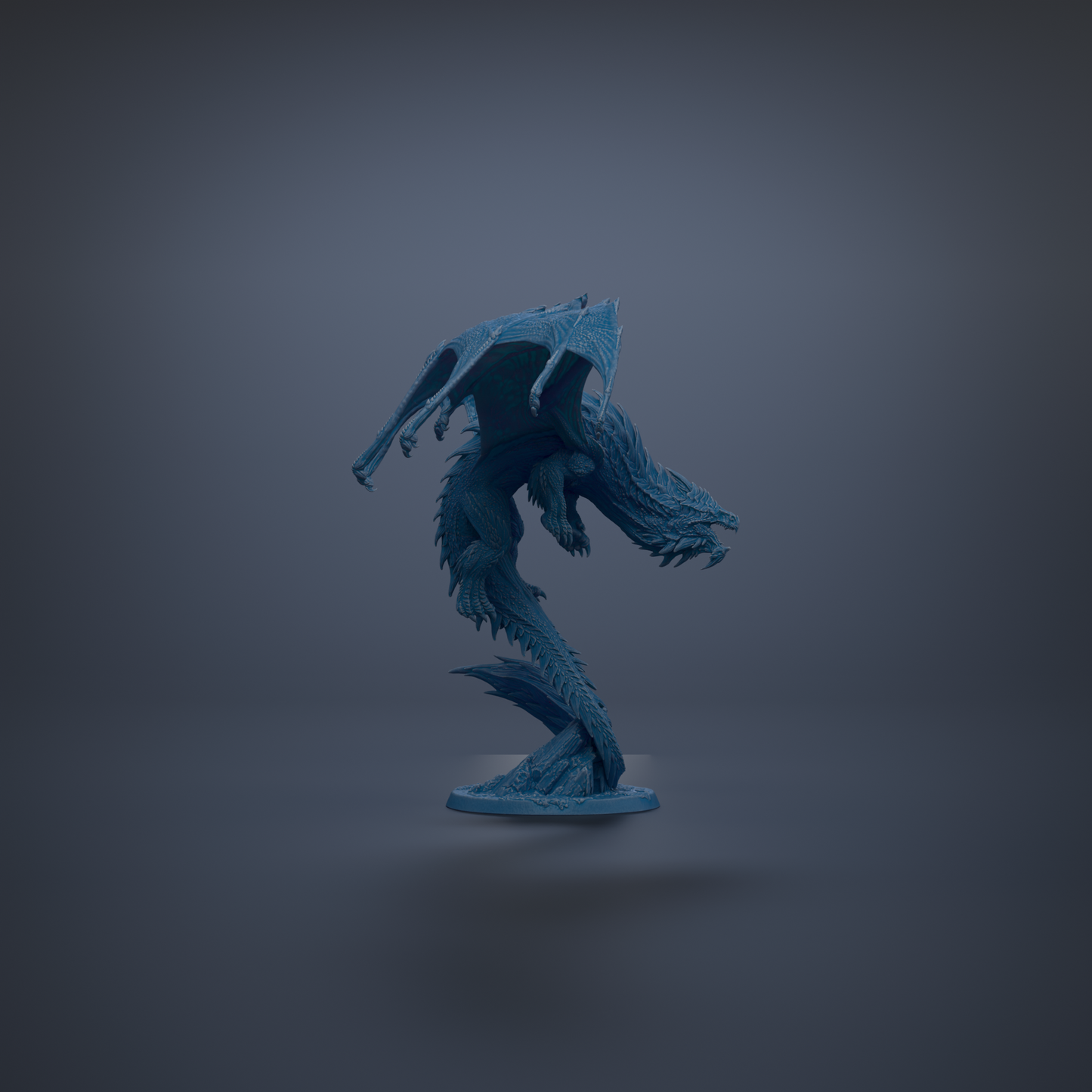 A blue dragon statue with wings spread, standing on a base against a dark background.