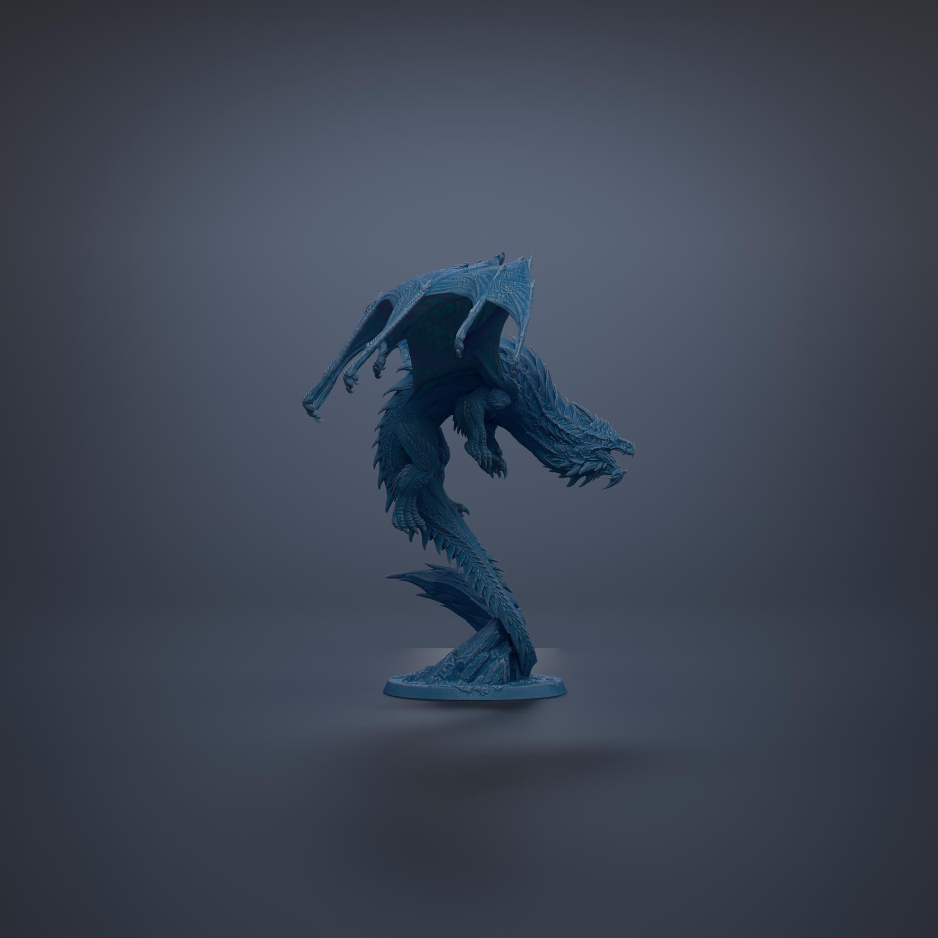 A blue dragon statue with wings spread, standing on a base against a dark background.