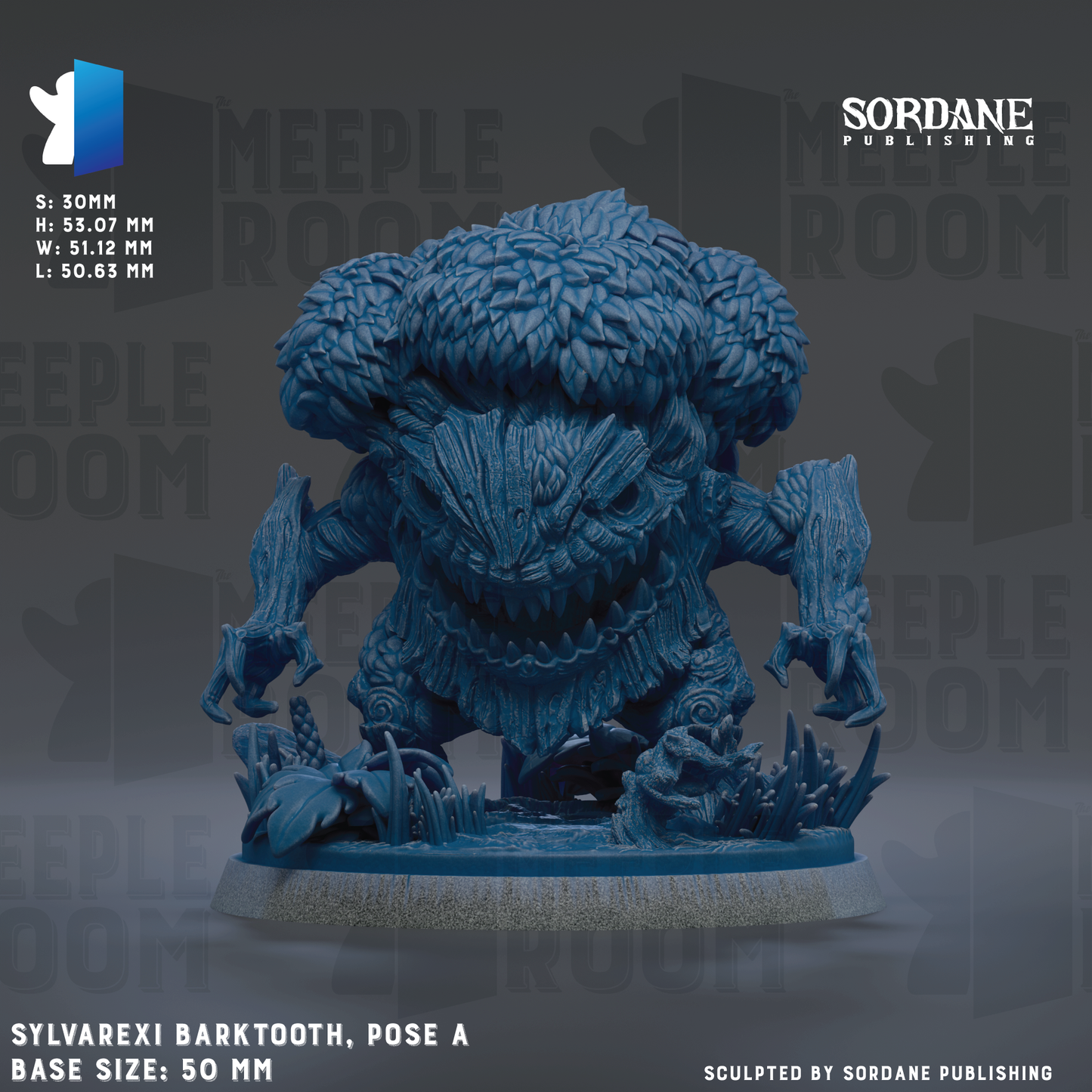 The image is a 3D rendering of a blue barktooth figurine, which is a type of fantasy creature with a large, sharp teeth and a distinctive, bulbous head. The figurine is posed on a base that is 50 millimeters in size. The image is a collaboration between Sor Dane Publishing and the Meeple Room, as indicated by the text at the top of the image.