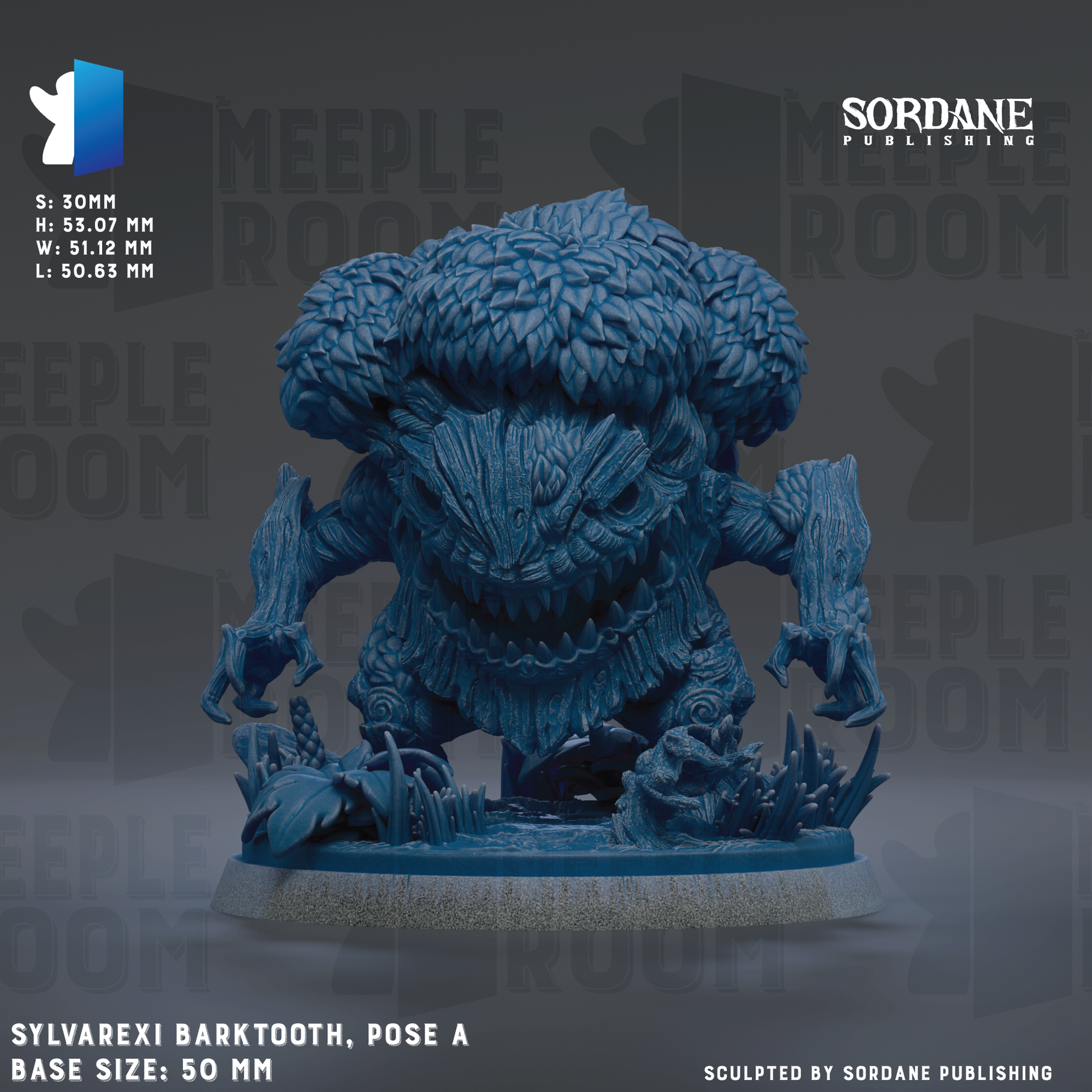 The image is a 3D rendering of a blue barktooth figurine, which is a type of fantasy creature with a large, sharp teeth and a distinctive, bulbous head. The figurine is posed on a base that is 50 millimeters in size. The image is a collaboration between Sor Dane Publishing and the Meeple Room, as indicated by the text at the top of the image.