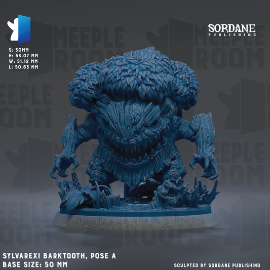 The image is a 3D rendering of a blue barktooth figurine, which is a type of fantasy creature with a large, sharp teeth and a distinctive, bulbous head. The figurine is posed on a base that is 50 millimeters in size. The image is a collaboration between Sor Dane Publishing and the Meeple Room, as indicated by the text at the top of the image.