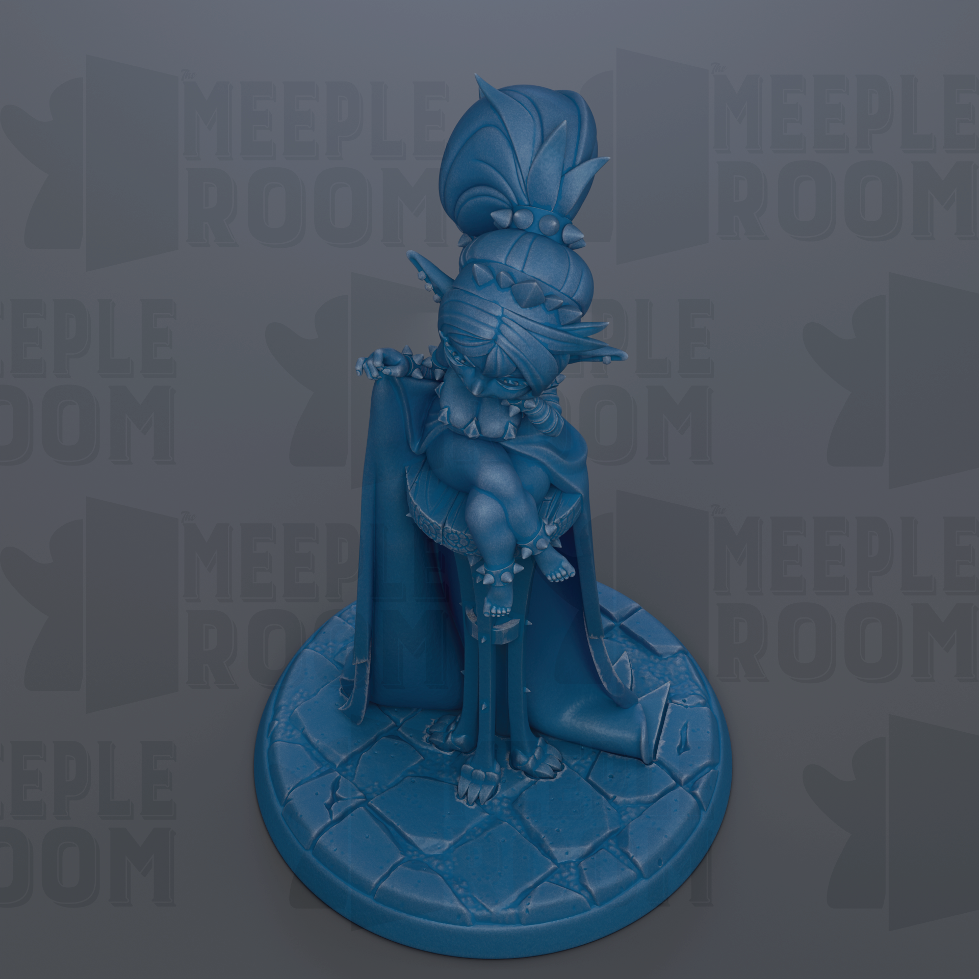 A blue figurine of a person sitting on a pedestal, with the text "MEUPLE ROOM" repeated in the background.