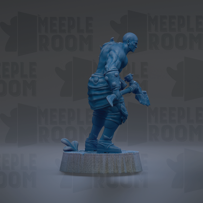 A blue figurine of a muscular, battle-ready figure stands on a pedestal against a dark background with repeated text.