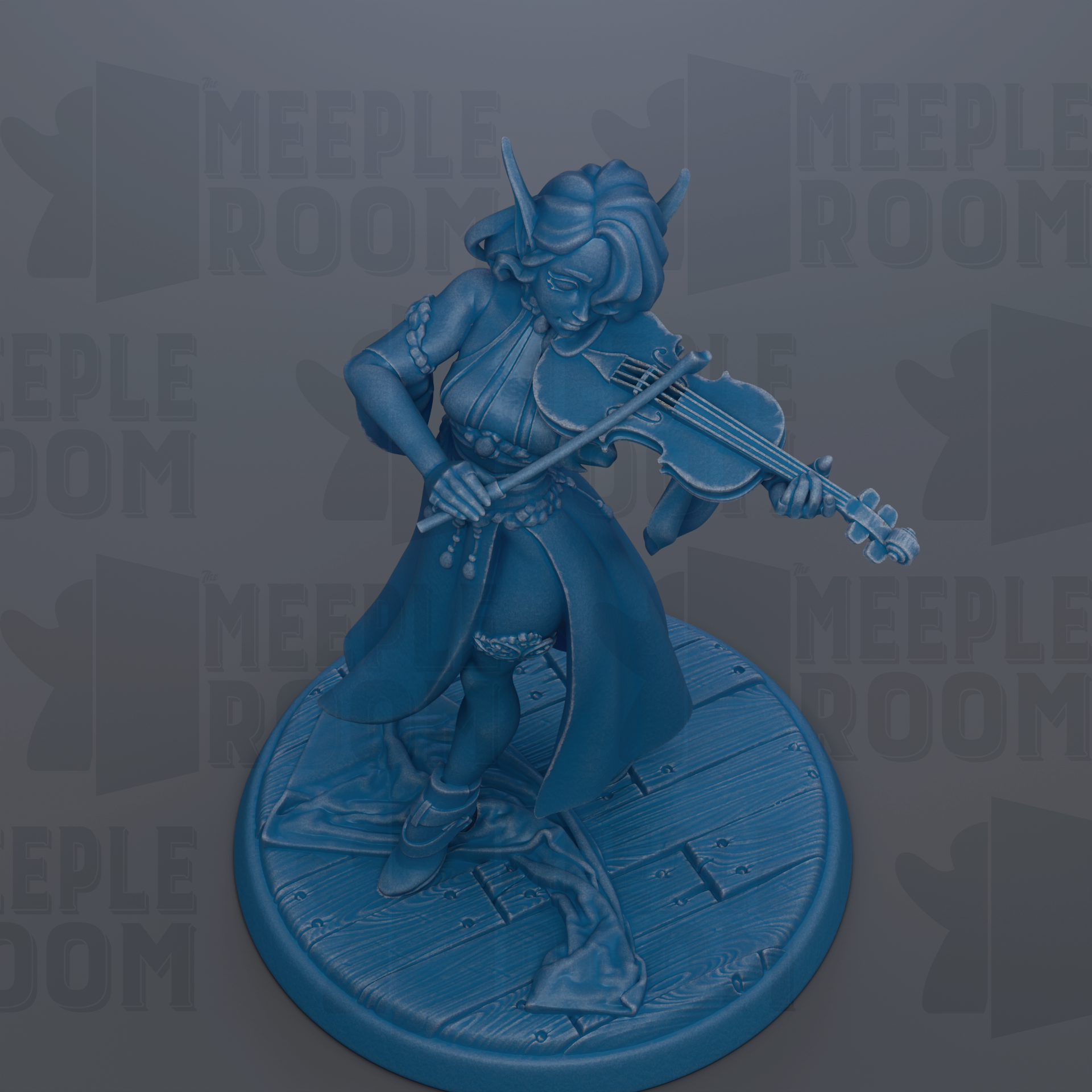 A blue figurine of a person playing a musical instrument, specifically a violin, is depicted in the image.