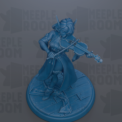 A blue figurine of a person playing a musical instrument, specifically a violin, is depicted in the image.