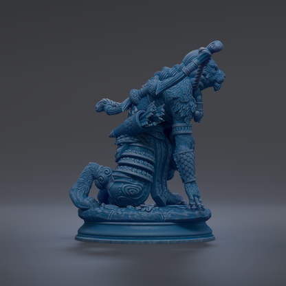 A blue statue of a fierce-looking creature with intricate details and a fierce expression, standing on a pedestal.