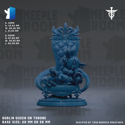 The image is a detailed model of a blue throne with a female figure seated on it. The throne is described as a "Goblin Queen on Throne" and is shown in various sizes, including "Base Size: 28mm" and "56mm". The background of the image is a dark gray color, and the text "MEIPLE ROOM" is visible, suggesting the throne is part of a larger collection or series.