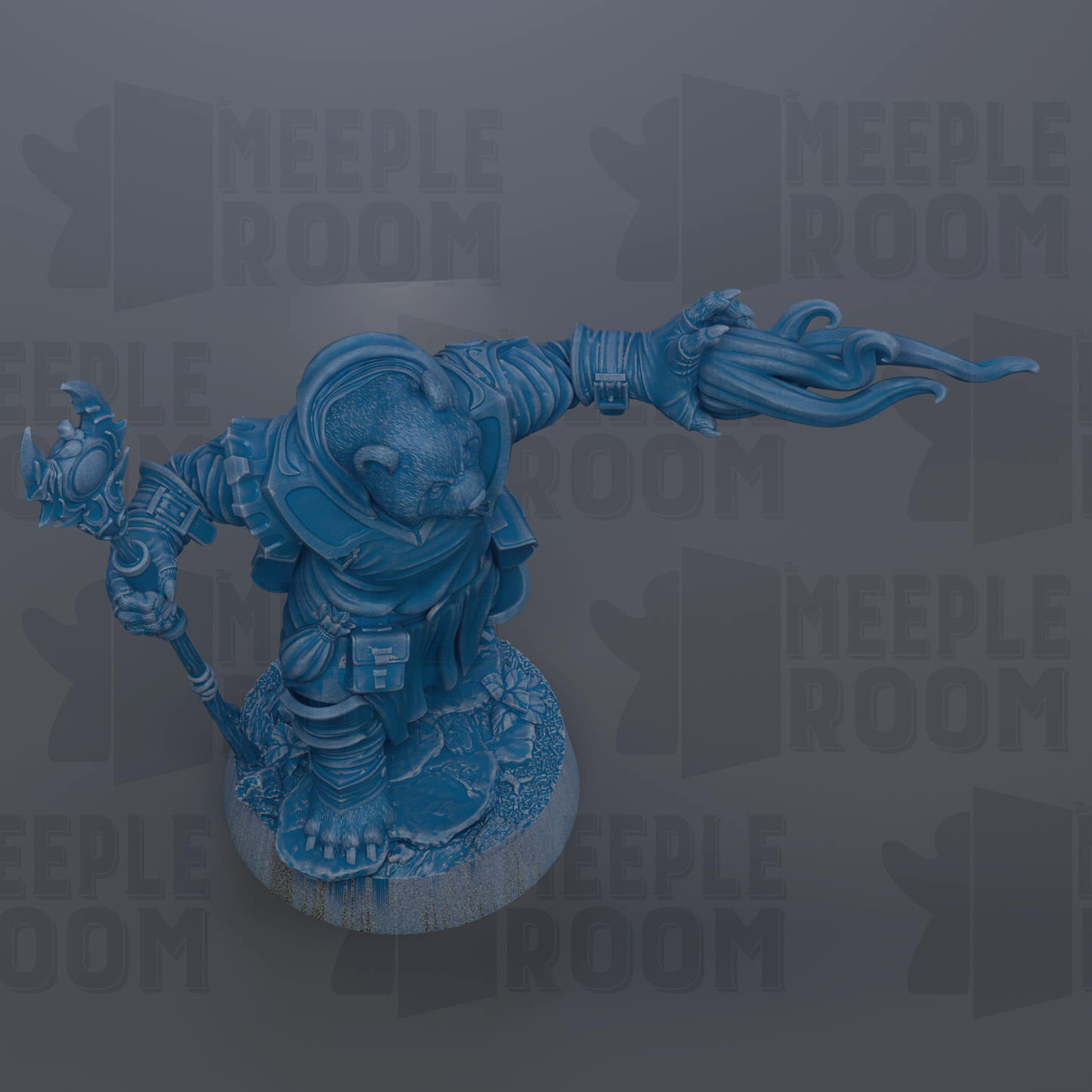 A blue figurine of a character with a staff and a large claw, standing on a base and holding a staff in one hand.