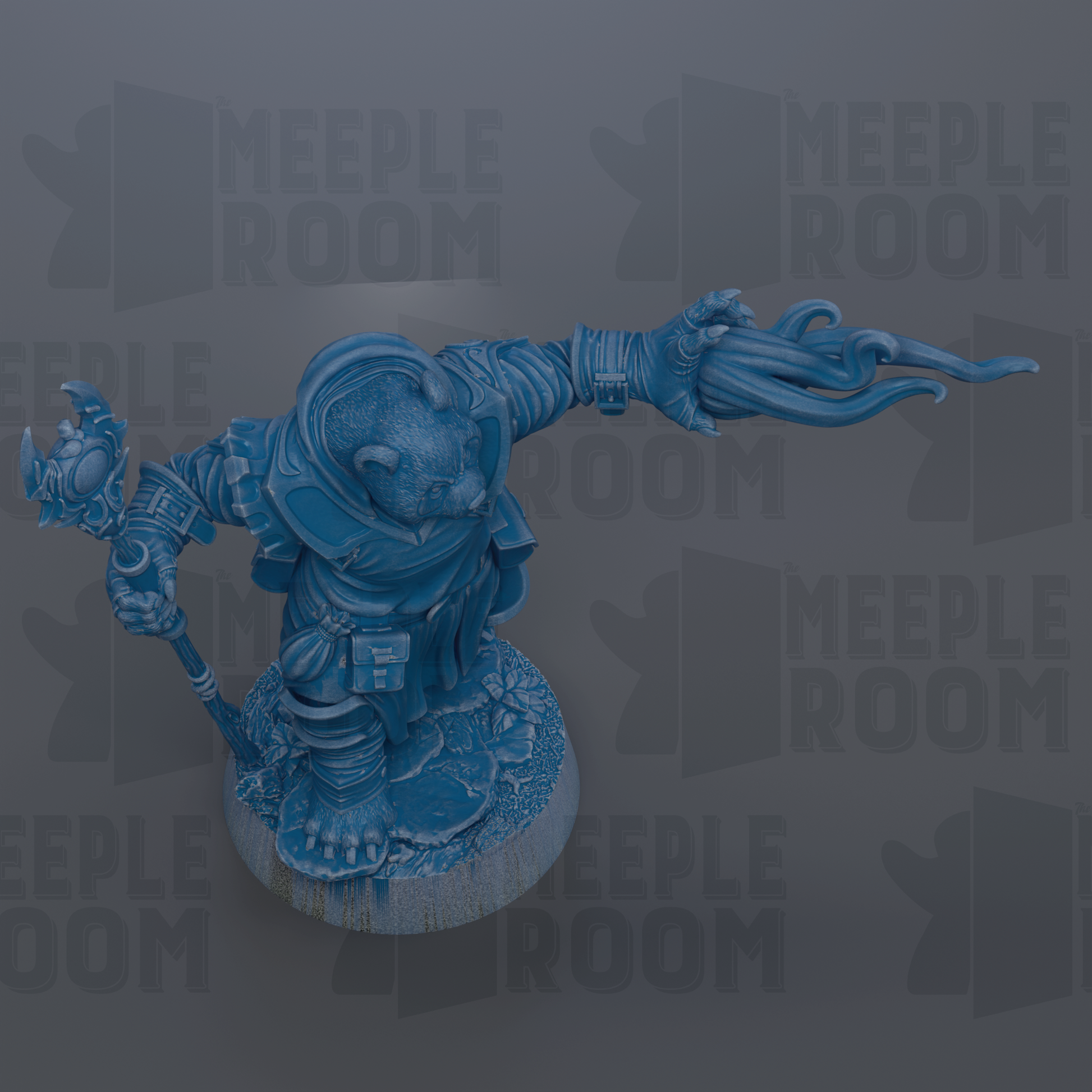 A blue figurine of a character with a staff and a large claw, standing on a base and holding a staff in one hand.