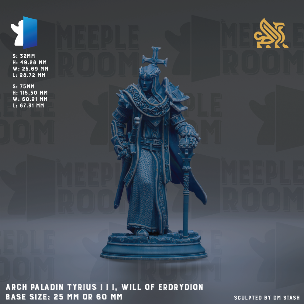 a detailed statue of a knight, specifically the character Arch paladin Tyrius III, the Will of Erdrydion, standing on a base size of 25mm or 60mm.