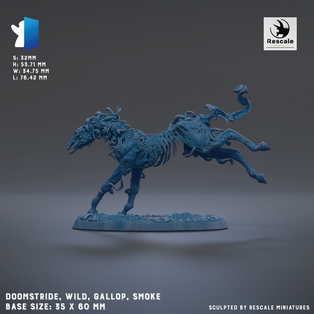 The image is a 3D model of a blue, fantastical creature resembling a horse or galloping animal, with intricate details and a dynamic pose. The base size of the model is 35 x 60 mm.